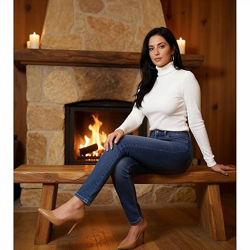 Photograph of a dark-haired woman in a white turtleneck, blue jeans, and beige heels, sitting on a wooden bench in front of a