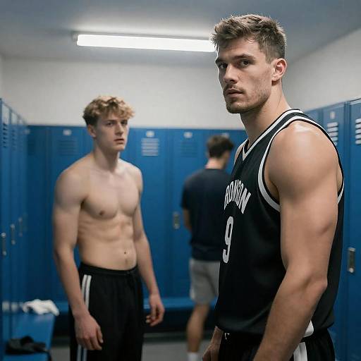 Muscular Man in Intense Locker Room Scene