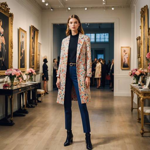 Young Woman in Floral Coat at Art Gallery