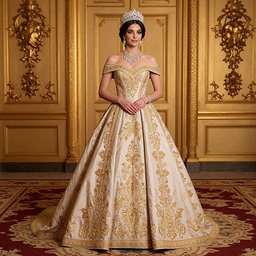 Photograph of a woman in an off-shoulder, gold-embroidered, ivory ball gown, wearing a silver tiara, standing in
