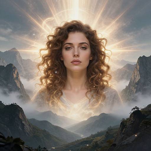 Digital artwork of a curly-haired woman with radiant light beams behind her head, set against a misty mountain landscape.