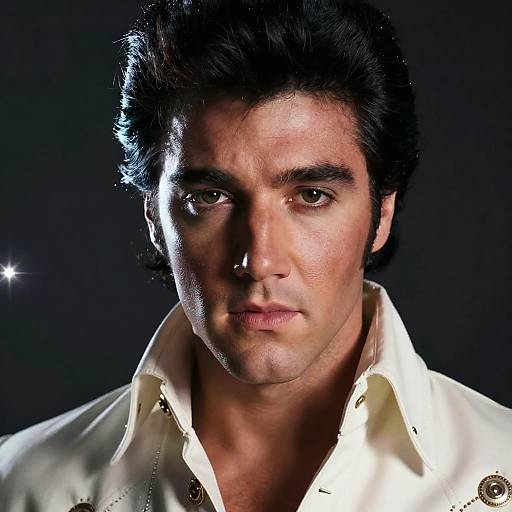 Photograph of a serious, dark-haired man with olive skin, wearing a white shirt, against a black background, highlighted by a single bright light.