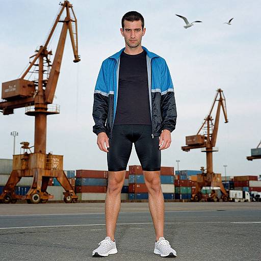 Photograph of muscular man with short dark hair, blue and black jacket, black shorts, white sneakers, standing in industrial port with cranes and containers