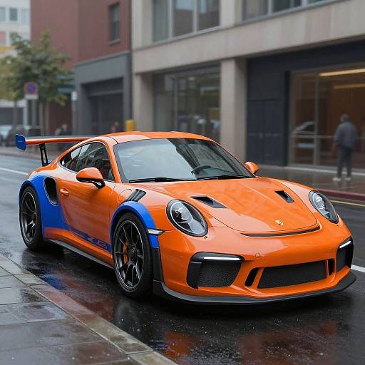 Photograph of a vibrant orange and blue Porsche 911 GT3 on a wet city street, with modern buildings in the background.