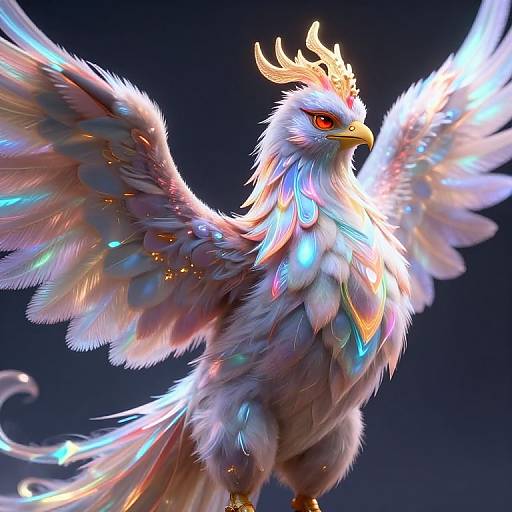 Digital artwork of a majestic, mythical phoenix with vibrant feathers, glowing eyes, and outstretched wings, set against a dark background.