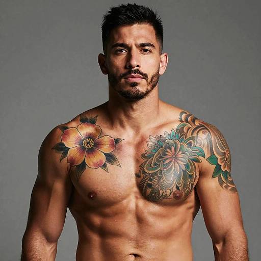 Muscular Shirtless Man with Colorful Floral Tattoos