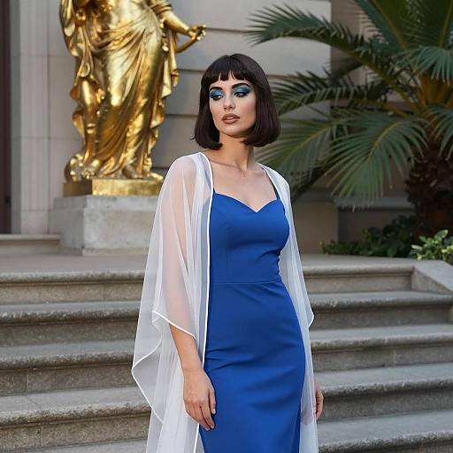Elegant Woman on Stone Steps at Dusk