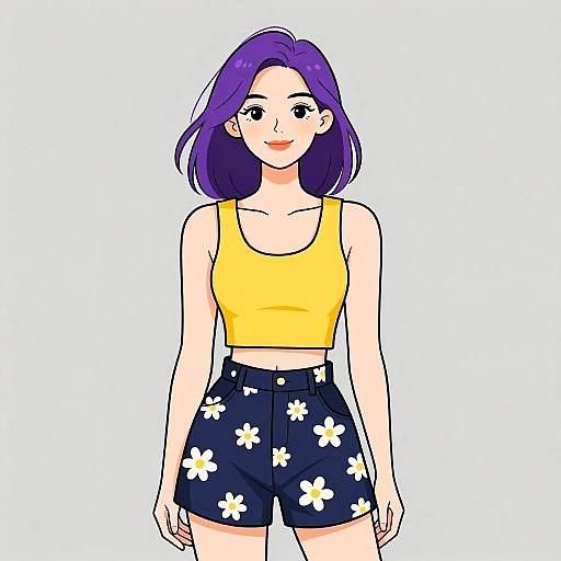 Digital illustration of a smiling young woman with purple hair, wearing a yellow crop top and navy floral shorts, standing against a white background.