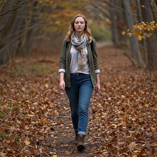 Thoughtful Woman Walking Autumn Forest