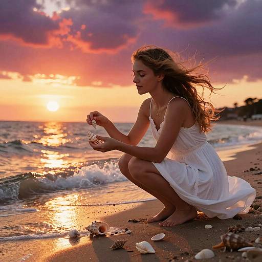Young Woman Collecting Seashells at Sunset