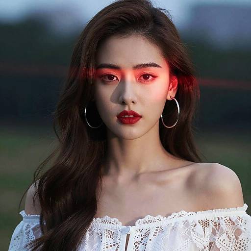 Photograph of an Asian woman with long dark hair, red-lit face, hoop earrings, white lace off-shoulder top, intense expression,