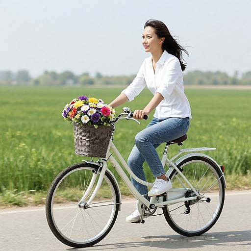 Woman Cycling with Flower Basket