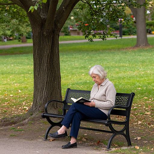 Photograph of an elderly white woman with short blonde hair, wearing a beige sweater and black pants, reading on a black metal bench under a tree in