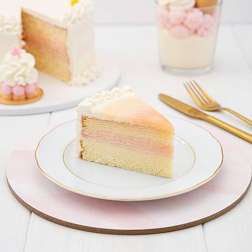 Photograph of a slice of layered cake with pink and yellow frosting on a white plate with gold trim, accompanied by a gold fork, on a white