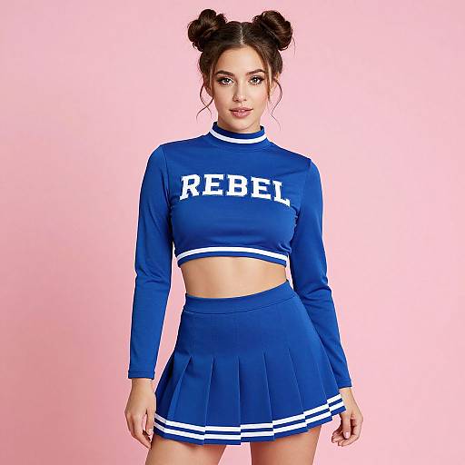 Photograph of a young woman with dark hair in double buns, wearing a blue 