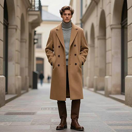 Stylish man in tan overcoat and gray turtleneck