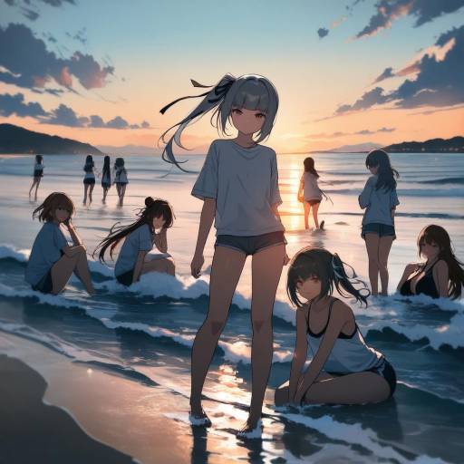 Anime Girls on Beach at Sunset