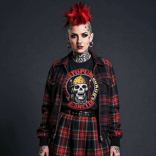 Photograph of a punk woman with red spiky hair, black t-shirt, 