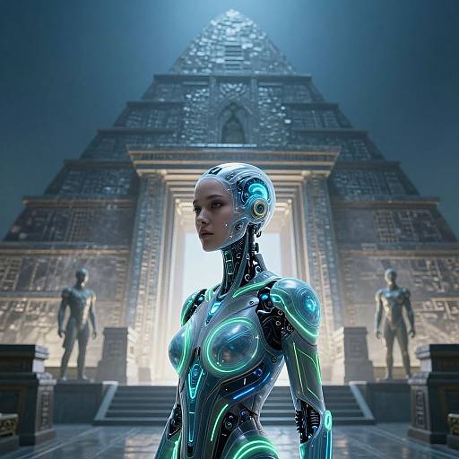 CGI image of a glowing, cybernetic woman with blue neon patterns, standing in front of a towering, ancient pyramid with two statues flanking