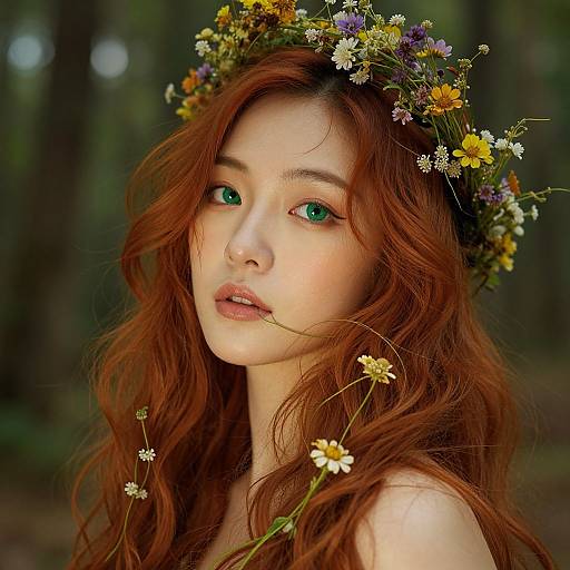 Photograph of a beautiful young Asian woman with long, wavy red hair, green eyes, wearing a colorful flower crown, and surrounded by forest and