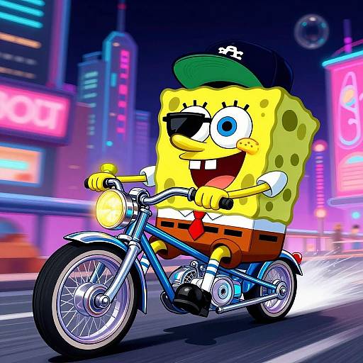 Bright, cartoon-style digital artwork of SpongeBob SquarePants in a black cap, sunglasses, and orange pants, riding a blue motorcycle at night in