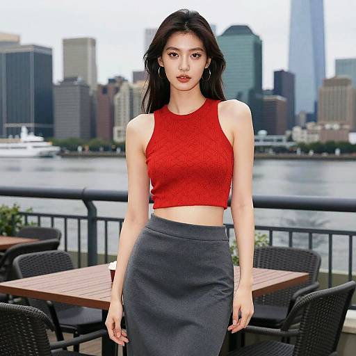 Photorealistic digital artwork of an Asian woman with long black hair, red crop top, and gray skirt, standing on a riverside balcony with city
