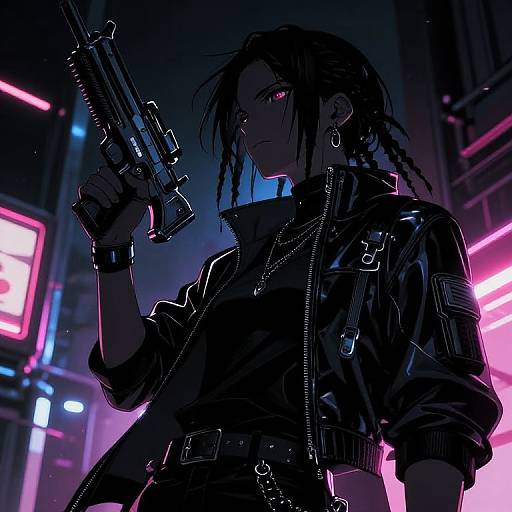 Cyberpunk night scene: dark-haired woman with braids, neon-lit background, holding a gun, wearing black leather jacket with American flag patch