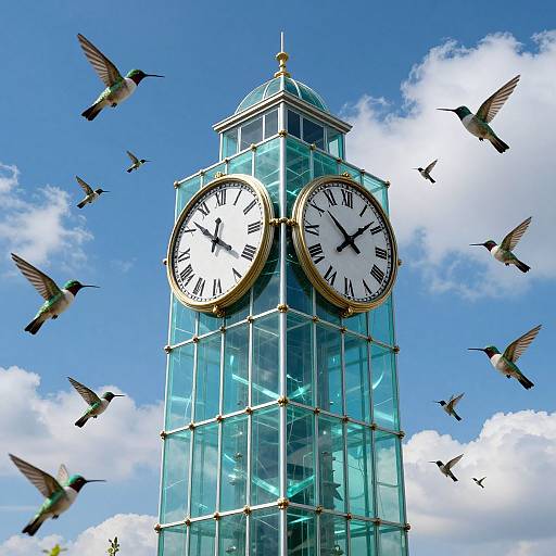 Surreal Teal Glass Tower with Clocks