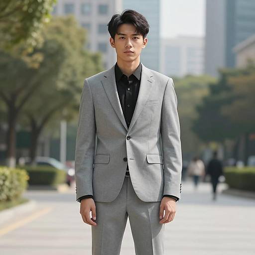 Young Asian Man in Gray Suit Outdoor