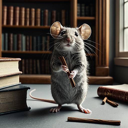 Mouse Holding Cinnamon Stick in Vintage Library