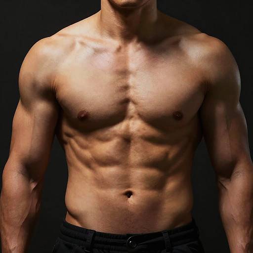 Photograph of a muscular, tan-skinned man with defined abs and pectorals, standing against a black background, wearing black pants.