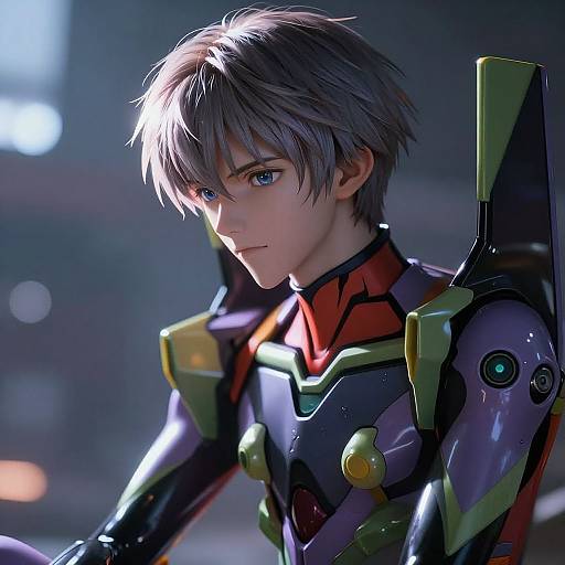 Digital anime-style artwork of a young man with silver hair, blue eyes, and futuristic armor, illuminated by soft light in a dark, blurred background.