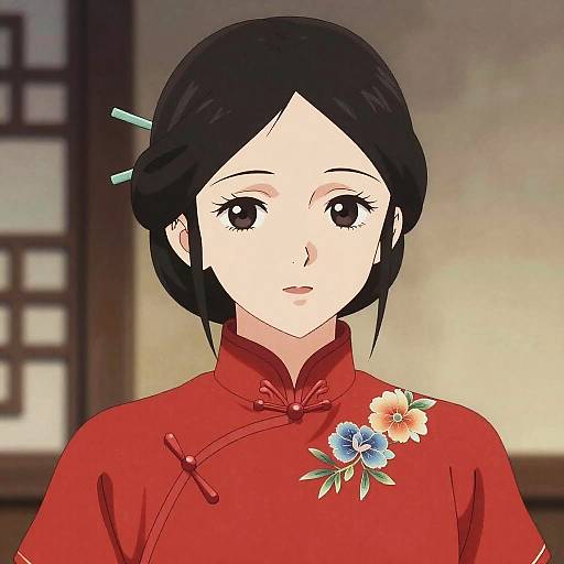 Anime-style digital drawing of a young Asian woman with short black hair, wearing a red cheongsam with floral embroidery, standing in front of a traditional