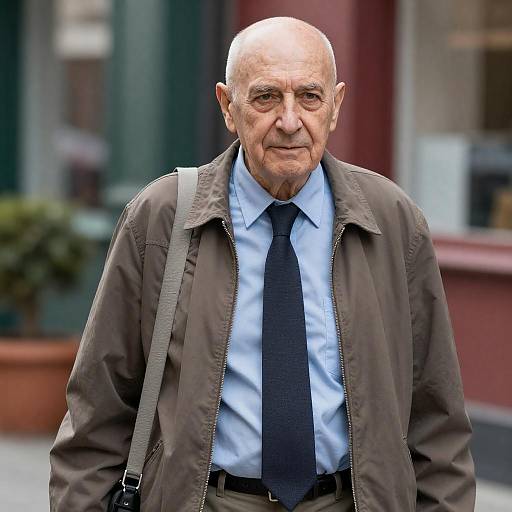 Elderly Man Walking Outdoors in Urban Setting