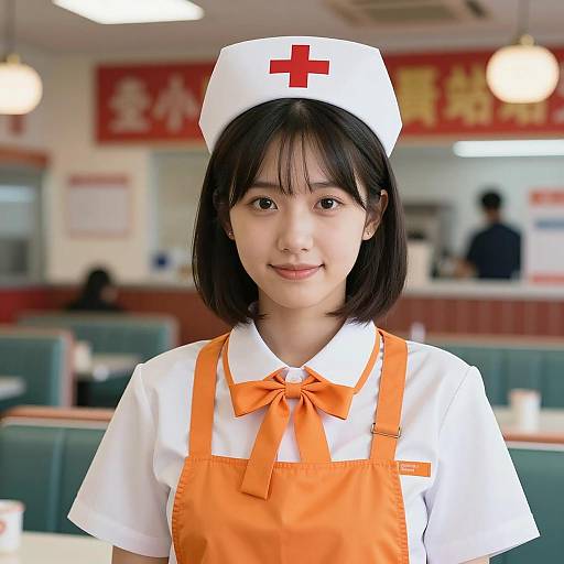 Asian Woman in Diner Worker Nurse Costume