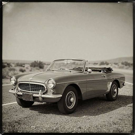Black-and-white photograph of a classic 1960s convertible car with chrome details, parked on a deserted road, under a clear sky.