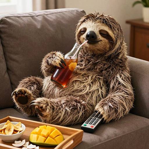 Anthropomorphic Sloth Relaxing with Drink and Remote