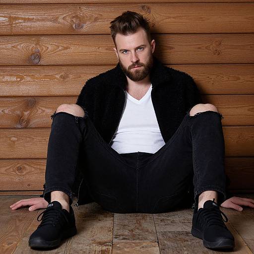 Photograph of a bearded man with short brown hair, wearing a black jacket, white shirt, ripped black jeans, and black sneakers, sitting against