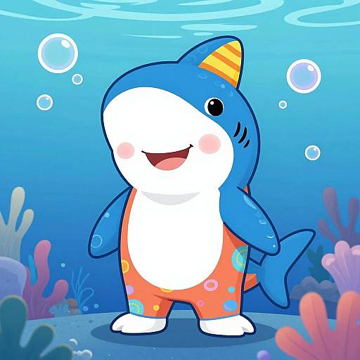 Cute, cartoon-style blue and white shark wearing orange onesie with blue swirls, yellow-striped head fin, smiling underwater with bubbles.