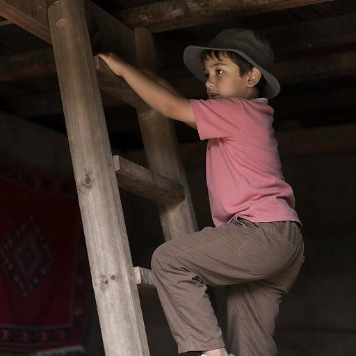 Focused Boy Climbing a Rustic Ladder