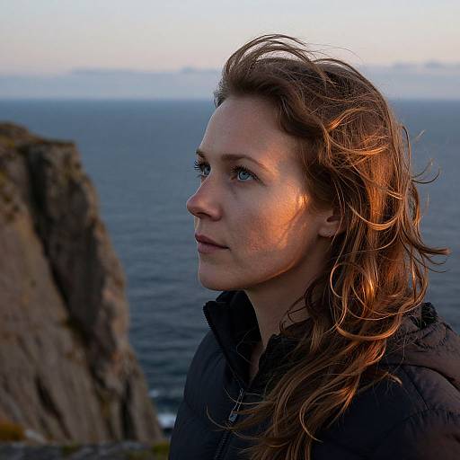 Photograph of a contemplative, fair-skinned woman with wavy, auburn hair illuminated by sunset light, standing against a rocky coastal backdrop