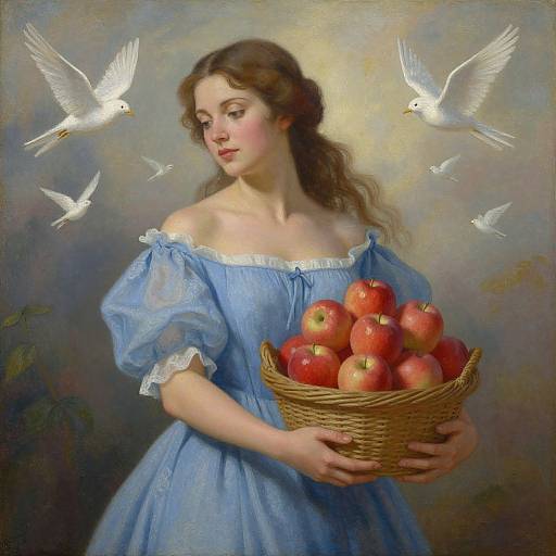 Painting of a fair-skinned, brown-haired woman in a blue off-shoulder dress, holding a wicker basket of red apples, surrounded