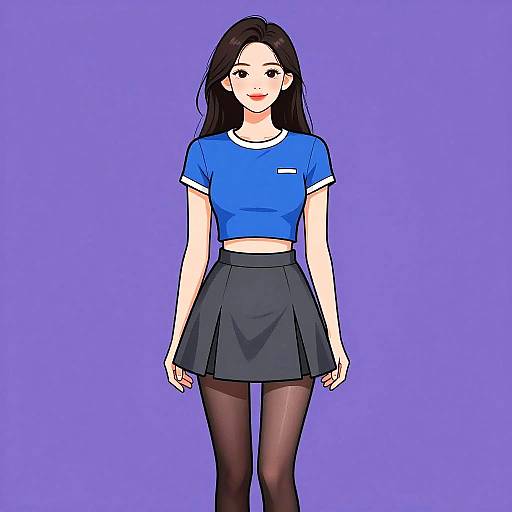 Digital anime-style illustration of a smiling Asian woman with long black hair, wearing a blue crop top, black skirt, and black tights, against a