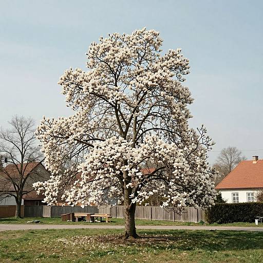 Photograph of a blossoming cherry tree in a suburban backyard, with a red-roofed house, wooden fence, and clear blue sky.