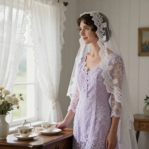 Photograph of a young woman in a delicate white lace wedding dress and veil, standing by a sunlit window with lace curtains, near a floral vase