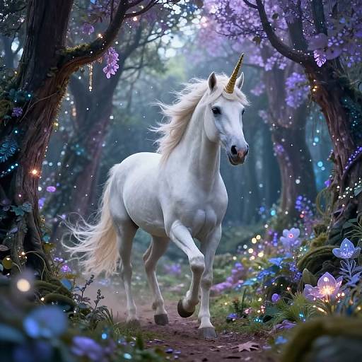 Digital artwork of a white unicorn with a golden horn galloping through a magical forest, surrounded by glowing butterflies, colorful flowers, and enchanted lights.