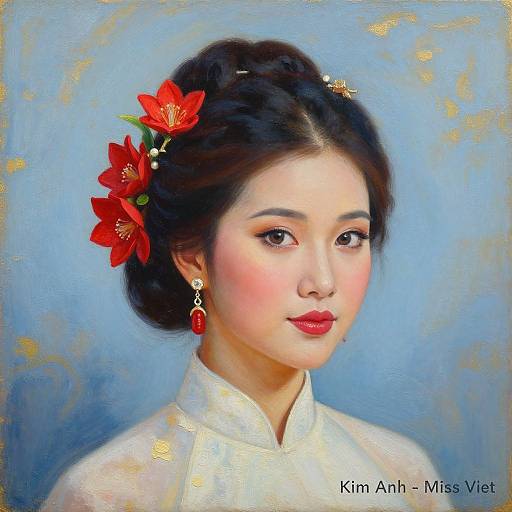 Digital portrait of an Asian woman with fair skin, black hair in an updo adorned with red flowers, wearing red earrings and a white blouse, against