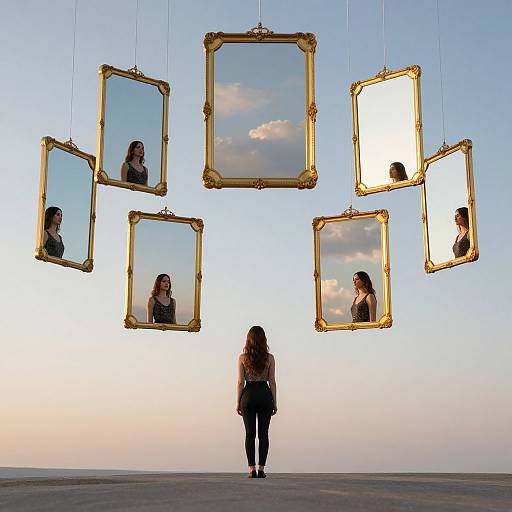 Photograph of a woman with long brown hair standing, facing ornate, golden-framed mirrors with reflections of her face, against a clear, blue