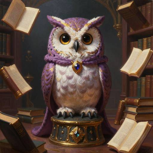 Digital art of a regal, purple-cloaked owl with large, golden eyes, sitting on a ornate golden pedestal amidst floating books in a