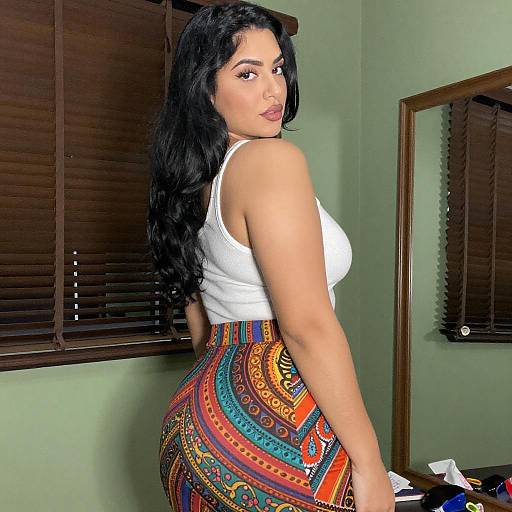 Confident Curvy Woman in Patterned Skirt
